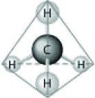   Which of the following factors contribute to the tetrahedral shape of the above molecule? A)  the shape of the two p orbitals in the carbon atom B)  the shape of the one s orbital in the carbon atom C)  the shape of the sp3 hybrid orbitals of the electrons shared between the carbon and hydrogen atoms D)  hydrogen bonding configurations between the carbon and hydrogen atoms 