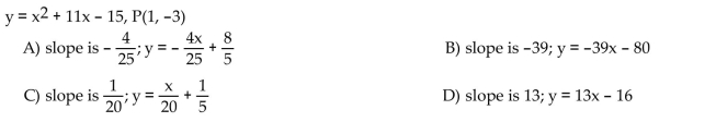 Find the slope of the curve at the given point P and an equation of the tangent line at P.  <div style=padding-top: 35px> 