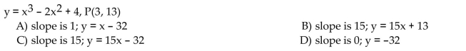 Find the slope of the curve at the given point P and an equation of the tangent line at P.  <div style=padding-top: 35px> 
