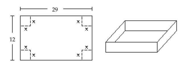 A box with an open top is to be constructed from a rectangular piece of cardboard with dimensions 12 inches by 29 inches by cutting out equal squares of side x at each corner and then folding up the sides as in the figure. Express the volume V of the box as a function of x.   A)  V(x)  = x(12 - x) (29 - x)  B)  V(x)  = (12 - x) (29 - x)  C)  V(x)  = (12 - 2x) (29 - 2x)  D)  V(x)  = x(12 - 2x) (29 - 2x) 