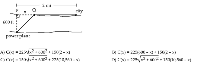 A power plant is located on a river that is 600 feet wide. To lay a new cable from the plant to a location in a city 2 miles downstream on the opposite side costs $225 per foot across the river and $150 per foot along the land. Suppose that the cable goes from the plant to a point Q on the opposite side that is x feet from the point P Directly opposite the plant. Write a function C(x) that gives the cost of laying the cable in terms of the distance x.