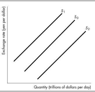   -In the figure above, the shift in the supply curve for U.S. dollars from S<sub>0</sub> to S<sub>2</sub> could occur when A)  the current exchange rate rises. B)  the current exchange rate falls. C)  the expected future exchange rate rises. D)  the expected future exchange rate falls.