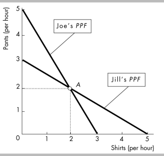   -In the figure above, both Joe and Jill initially produce at point A. If Joe and Jill realize that they each possess a comparative advantage, which outcome can we expect? A)  Joe will specialize in shirts and Jill will specialize in pants. B)  Joe will specialize in pants and Jill will specialize in shirts. C)  Joe and Jill each will be able to consume more than 2 shirts and 2 pairs of pants. D)  Both answers B and C are correct. 