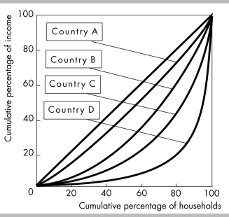   -The above figure shows the Lorenz curves for four different countries. Which of the following statements is FALSE? A)  Country A has an income distribution that is not perfectly equal. B)  Country D's income distribution is the most unequal of the four countries. C)  The distribution of income is more unequal in country A than in country B. D)  The distribution of income is more unequal in country D than in country C.