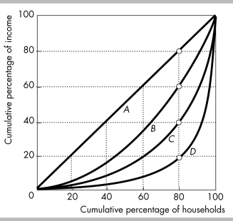   -In the figure above, the Lorenz curve that shows the richest 20 percent of households receiving 80 percent of all income is A)  curve A. B)  curve B. C)  curve C. D)  curve D.