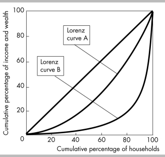   -The above figure shows two Lorenz curves. Lorenz curve A shows the distribution of income and Lorenz curve B shows the distribution of wealth. Which statement below is CORRECT? A)  The Lorenz curve for wealth shows that wealth is distributed less equally because wealth does not include human capital. B)  The Lorenz curve for income shows that income is distributed less equally because income does not include income from stocks and bonds. C)  The Lorenz curves show wealth is greater than income. D)  The Lorenz curves show income is greater than wealth.