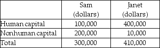   -The table shows the distribution of human and non-human capital for two people, Sam and Janet. a) Looking just at tangible assets (non-human capital), by how many times does Janet's wealth exceed Sam's? b) Assume that both human and non-human capital earn a 10 percent annual interest rate. Calculate Sam's and Janet's total income. c) By how many times does Janet's total income exceed Sam's? d) Which comparison results in a more equal distribution? e) Which comparison gives a better indication of each person's economic condition?