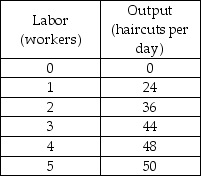   -The above table has the total product schedule for Joe's Barber Shop. Joe charges $6 per haircut. If the wage rate is $24 per worker, what quantity of labor will maximize profits? A)  1 worker B)  2 workers C)  4 workers D)  5 workers