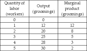   -Doug's Dog Grooming is a perfectly competitive firm charging $5 per dog grooming. Doug's Dog Grooming has the total and marginal product of labor schedules in the above table and can hire workers from a perfectly competitive labor market for $15 per hour. What is the value of marginal product of the third worker? A)  $5 B)  $25 C)  $15 D)  $375