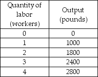   -The preceding table gives monthly production information for Peter's Peanuts, a firm in a perfectly competitive industry. The market price of peanuts is $2.00 per pound. What is the marginal product from employing the fourth worker? A)  7 pounds of peanuts B)  100 pounds of peanuts C)  400 pounds of peanuts D)  2,800 pounds of peanuts