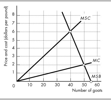   -The above figure shows the marginal private cost curve, marginal social cost curve, and marginal social benefit curve for raising goats on a common pasture. Suppose the government assigns individual transferable quotas (ITQ)  set to achieve the efficient outcome. The market price of an ITQ is ________ per pound. A)  $4.20 B)  $2.00 C)  $6.00 D)  $4.00