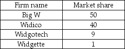 Market share in the Widget industry    -In the table above, the Herfindahl-Hirschman Index in the widget industry is A)  100 points. B)  742 points. C)  2842 points. D)  4182 points.
