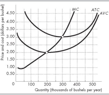   -The figure above shows a typical perfectly competitive corn farm, whose marginal cost curve is MC and average total cost curve is ATC. The market is initially in a long-run equilibrium, where the price is $3.00 per bushel. Then, the market demand for corn decreases and, in the short run, the price falls to $2.50 per bushel. In the new short-run equilibrium, the farm produces ________ bushels of corn and sells corn at ________ per bushel. A)  250,000; $3.00 B)  250,000; $2.50 C)  300,000; $2.50 D)  200,000; $2.50