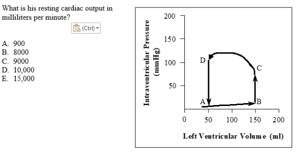 Use the following information to answer Following Questions . A 50-year-old man has a body weight of 110 kg, resting heart rate of 90 beats/min, arterial pressure of 120/70 mm Hg, arterial hematocrit of 35% and a normal body temperature. His pressure-volume diagram of the left ventricle is shown below. - 