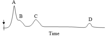 The diagram shows compound action potentials recorded percutaneously from a single site a certain distance from a stimulating electrode indicated by the arrow. Which peak is most likely to represent action potentials from small, unmyelinated motor neurons?  