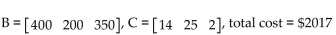 <strong>Solve the problem. A Dawn Bakery bakes whole wheat, oat, and rye bread, with mixing, baking, and packaging times, in hours, as shown: An order is received for 400 loaves of whole wheat bread, 200 loaves of oat bread, and 350 loaves of rye bread. Given that the cost of mixing, baking, and packaging is $14, $25, and$2, respectively, per hour, find matrices B and C so that the Product BAC will give the total cost (excluding raw materials) of filling this order. Find the total cost.</strong> A) B) C) D)