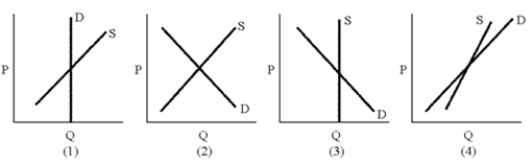 Figure 18-3   -In which panel of Figure 18-3 would an excise tax be borne entirely by the supplier? A) 1 B) 2 C) 3 D) 4