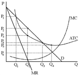 Figure 11-6   -The profit-maximizing monopolist in Figure 11-6 will sell its output at A) P<sub>1</sub>. B) P<sub>2</sub>. C) P<sub>3</sub>. D) P4.