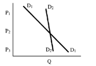 Figure 6-1   -In Figure 6-1, A) D<sub>1</sub> is more elastic than D<sub>2</sub> below P<sub>2</sub> and less elastic above P<sub>2</sub>. B) D<sub>1</sub> is less elastic than D<sub>2</sub> at all prices. C) D<sub>2</sub> is less elastic than D<sub>1</sub> at all prices. D) D<sub>2</sub> is more elastic than D<sub>2</sub> above P<sub>2</sub> but less elastic below P<sub>2</sub>.