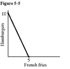   -Figure 5-5 shows a consumer budget line for French fries and hamburgers.The household allocates a budget for these two goods.If the price of an order of french fries is $2, how much income is allocated to fries and burgers combined? A) $2 B) $4 C) $10 D) $20