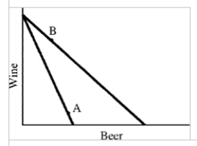 Figure 5-11   -In Figure 5-11, a consumer is initially at point A.There is a price change and she moves to B.It follows that A) the demand for beer follows the law of demand. B) the demand for beer does not follow the law of demand. C) wine is an inferior good. D) the consumer is confused.