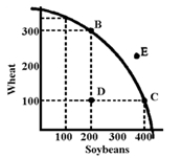 Figure 3-6   -In Figure 3-6, assume this economy is currently operating at point D.What is the opportunity cost of moving to B? A) About 200 bushels of wheat B) 200 bushels of soybeans C) Infinite, B cannot be produced at any cost. D) 0