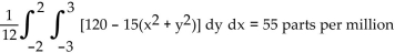 <strong>Solve the problem. An industrial plant located in the center of a small town emits particulate matter into the atmosphere. Suppose the concentration of particulate matter in parts per million at a point d miles from the plant is given by C = 120 - 15d2. If the boundaries of the town form a rectangle four miles long and six miles wide, what is the Average concentration of particulate matter throughout the city? Express C as a function of x and y, set up a Double integral, and evaluate.</strong> A) B) C) D)