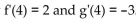 Provide an appropriate response. -Let f and g be functions that satisfy   . Find h'(4)  for   . A)  2 B)  9 C)  11 D)  5