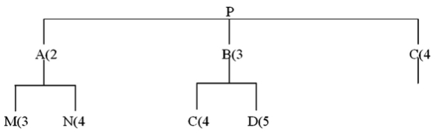 Refer to this product tree   If 40 Ps are needed, and on-hand inventory consists of 15 Ps and 10 each of all other components and subassemblies, how many Cs are needed? A) 340 B) 350 C) 380 D) 400 E) 590