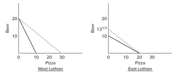  In the accompanying diagrams, solid lines are production possibilities curves, and the dashed lines are trading possibilities curves. The trading possibilities curves imply that A)  both countries have a trade surplus that will result in economic growth. B)  the domestic production possibilities curves entail unemployment and/or the domestic misallocation of resources. C)  world resources will be allocated more eﬃciently if the two nations specialize and trade based on comparative advantage. D)  both nations will be worse off as a result of international specialization and trade.