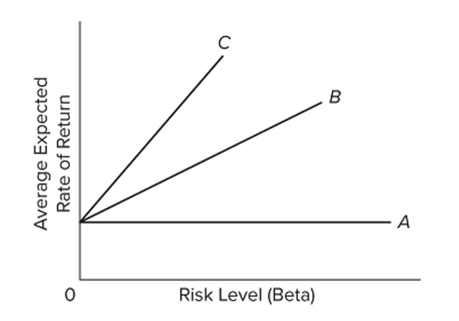   Refer to the graph. An increase in investor concern about risk would be shown by A)  an increase in the intercept. B)  a shift from line C to line B. C)  a shift from line A to line B. D)  a decrease in the risk-free interest rate.