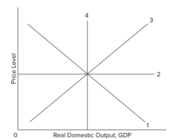   In the accompanying graph, which line might represent an immediate-short-run aggregate supply curve? A)  1 B)  2 C)  3 D)  4