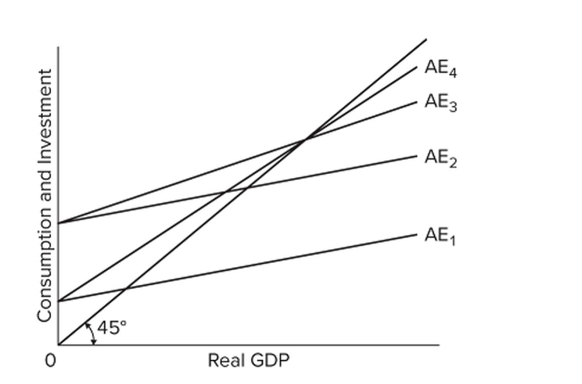   Which two aggregate expenditure schedules AE in the diagram for a private closed economy have the same MPC, assuming investment is the same at each level of income? A)  AE1 and AE2 B)  AE2 and AE3 C)  AE1 and AE4 D)  AE3 and AE4
