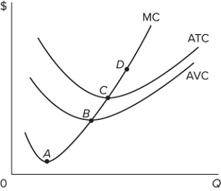   Refer to the provided graph. At which point does marginal product (MP) equal average product (AP) at a specific level of output? A) point A B) point B C) point C D) point D