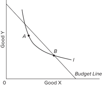   Given the indifference curve and budget line above, this individual A) prefers B to A, but B costs more. B) prefers B to A, and they cost the same. C) is indifferent between A and B, but A costs less. D) is indifferent between A and B, and they cost the same