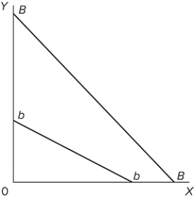   The movement of the budget line from BB to bb in the figure suggests that income has A) increased and the price of X has decreased. B) fallen and the price of Y has increased. C) fallen and the price of Y has decreased. D) decreased, but there have been no price changes.