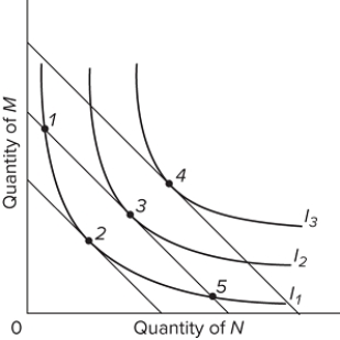   Refer to the diagram, in which the downsloping lines are budget lines and I₁, I₂, and I₃ comprise an indifference map. The combinations of products M and N indicated by points 1, 3, and 5 are such that A) all three imply the same level of utility. B) 1 and 5 imply a higher level of utility than does 3. C) 3 implies a higher level of utility than does 1 or 5. D) the person is indifferent among the three combinations.