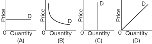   Refer to the graphs above. Which one shows a perfectly elastic demand? A) graph A B) graph B C) graph C D) graph D