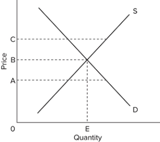   Refer to the diagram. A government price support program to aid farmers is best illustrated by A) quantity E. B) price C. C) price A. D) price B. 