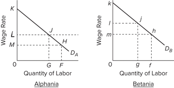   Assumptions: (1) The demand for labor in Alphania and Betania are as shown by Dₐ and Dᵦ , respectively; (2) Alphania's native labor force is F and that of Betania is g; (3) wage L in Alphania is equal to wage m in Betania; and (4) full employment exists in both countries. If migration is costless and unimpeded, the absolute wage bill will necessarily A) increase in Alphania if its labor demand curve is elastic. B) increase in Betania if its labor demand curve is elastic. C) decrease in Betania. D) increase in Betania.