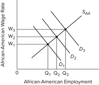   Refer to the diagram. Which of the following would be consistent with a decrease in racial prejudice against African Americans and thus a decrease in the discrimination coefficients of employers, taken as a group? A) a shift in the labor demand curve from D₃ to D₂ B) an increase in the African-American wage rate from W₁ to W₂ C) a reduction in African-American employment from Q₃ to Q₂ D) a decrease in the African-American wage rate from W₂ to W₁