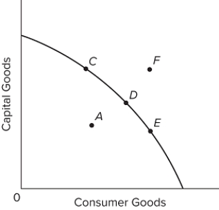   In the diagram, economic discrimination is best represented by point A) A. B) C rather than D or E. C) E rather than D or C. D) F. 