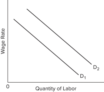  Use the graph to answer the question about the labor resource market faced by producers of good X. What will shift D ₁ to D ₂? A) an increase in the price of a substitute input (if output effect > substitution effect)  B) a decrease in the price of a substitute input (if substitution effect > output effect)  C) a decrease in the price of a substitute input (if output effect > substitution effect)  D) an increase in the price of a complementary resource 