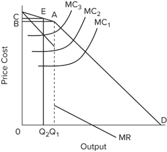   On the graph, if the oligopolist's MC curve shifts from MC ₁ to MC ₂, the firm will charge A) a higher price than before and total revenue will increase. B) the same price as before and sell more output; total revenue will increase. C) the same price as before and sell the same amount of output; total revenue will remain the same. D) a higher price than before and sell less output; it can't be determined whether total revenue will change.