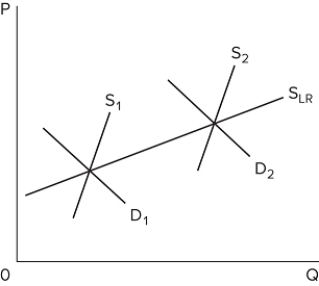   The provided graph depicts long-run supply for A) a constant-cost industry. B) a decreasing-cost industry. C) an increasing-cost industry. D) None of these is correct.
