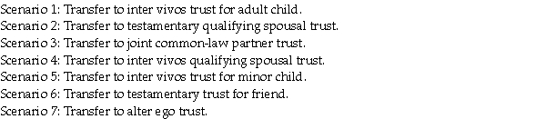 An individual has property with a cost of $2,100 and a current fair market value of $2,500. Seven Scenarios are presented for the transfer of this property by the settlor to a trust. For each Scenario, indicate the tax consequences to the settlor at the time of transfer, as well as the adjusted cost base of the property within the trust.  