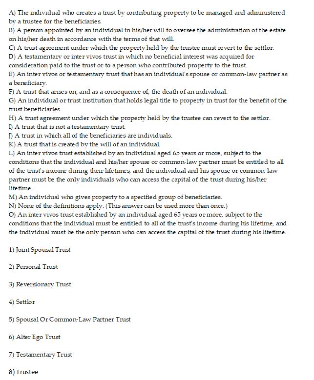 For each of the key terms listed, indicate the BEST definition of that term, or that none of the definitions apply.