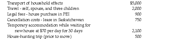In 2020, Mr. Kumar moved from Saskatchewan to Prince Edward Island to start a new business. In his 2020 fiscal year, the business generated income in excess of $50,000. Mr. Kumar incurred the following costs of moving:   Which one of the following amounts represents the maximum amount that Mr. Kumar may deduct for moving expenses in his 2020 personal income tax return? A) $ 8,800. B) $ 9,700. C) $10,200. D) $11,250.