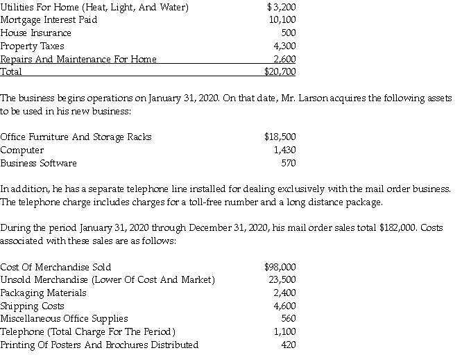 In order to supplement his income working in a Calgary bookstore, Mr. Victor Larson has decided to start a home based business that will specialize in selling used textbooks to university and college students. The business will be run out of space that he has set aside in his residence. This space involves 18 percent of the total floor space in the residence. The residence was acquired on January 1, 2020 at a total cost of $426,000. It is estimated that $150,000 of this total value can be attributed to the land on which the residence is situated. For the year ending December 31, 2020, Mr. Larson has the following costs that can be associated with this residence:   Required: A. Can Mr. Larson deduct work space in the home costs? Briefly explain your conclusion. B. Compute the minimum net business income or loss that Mr. Larson must report in his 2020 personal income tax return. C. Briefly describe any issues that should be discussed with Mr. Larson concerning the work space in his home and business costs.
