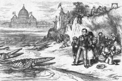 Document Based Question Analyze the major changes and continuities in the social and political experiences of immigrants who have migrated to the United States throughout its history. DOCUMENT 1 On the Germans (1755) Benjamin Franklin And since detachments of English from Britain sent to America, will have their places at home so soon supply'd and increase so largely here; why should the Palatine Boors [Germans] be suffered to swarm into our settlements, and by herding together establish their languages and manners to the exclusion of ours? Why should Pennsylvania, founded by the English, become a colony of Aliens, who will shortly be so numerous as to Germanize us instead of our Anglifying them, and will never adopt our language or customs, any more than they can acquire our complexion? Which leads me to add one remark: That the number of purely white people in the world is proportionally very small. All Africa is black or tawny. Asia chiefly tawny. America (exclusive of the new comers) wholly so. And in Europe, the Spaniards, Italians, French, Russians, and Swedes are generally of what we call a swarthy complexion; as are the Germans also, the Saxons only excepted, who with the English make the principal body of white people on the face of the earth. I could wish their numbers were increased. And while we are, as I may call it, scouring our planet, by clearing America of woods, and so making this side of our globe reflect a brighter light to the eyes of inhabitants in Mars or Venus, why should we in the sight of superior beings, darken its people? Why increase the sons of Africa, by planting them in America, where we have so fair an opportunity, by excluding all blacks and tawneys, of increasing the lovely white and red? But perhaps I am partial to the complexion of my Country, for such kind of partiality is natural to Mankind. DOCUMENT 2  American River Ganges,  Harper's Weekly (1875) Thomas Nast    DOCUMENT 3 On Chinese Immigration (1878) Senate of California to the Congress The State of California has a population variously estimated at from seven hundred thousand to eight hundred thousand, of which one hundred and twenty-five thousand are Chinese. The additions to this class have been very rapid since the organization of the State, but have been caused almost entirely by immigration, and scarcely at all by natural increase. . . . The pious anticipations that the influence of Christianity upon the Chinese would be salutary, have proved unsubstantial and vain. Among one hundred and twenty five thousand of them, with a residence here beneath the elevating influences of Christian precept and example, and with the zealous labors of earnest Christian teachers, and the liberal expenditure of ecclesiastical revenues, we have no evidence of a single genuine conversion to Christianity, or of a single instance of an assimilation with our manners, or habits of thought or life. . . . Neither is there any possibility that in the future education, religion, or the other influences of our civilization can effect any change in this condition of things. . . . Above and beyond these considerations, however, we believe, and the researches of those who have most attentively studied the Chinese character confirm us in the consideration, that th Chinese are incapable of adaptation to our institutions...... During their entire settlement in California they have never adapted themselves to our habits, modes of dress, or our educational system, have never learned the sanctity of an oath, never desired to become citizens, or to perform the duties of citizenship, never discovered the difference between right and wrong, never ceased the worship of their idol gods, or advanced a step beyond the musty traditions of their native hive. Impregnable to all the influences of our Anglo-Saxon life, they remain the same stolid Asiatics that have floated on the rivers and slaved in the fields of China for thirty centuries of time. DOCUMENT 4  The Restriction of Immigration  (1891) Henry Cabot Lodge The nations of Europe which chiefly contributed to the upbuilding of the original thirteen colonies were the English, the Scotch-Irish, so called, the Dutch, the Germans, and the Huguenot French. With the exception of the last they were practically all people of the same stock. During this century and until very recent years these same nations, with the addition of Ireland and the Scandinavian countries, have continued to furnish the chief component parts of the immigration which has helped to populate so rapidly the territory of the United States. Among all these people, with few exceptions, community of race or language, or both, has facilitated the work of assimilation. In the last ten years, however, as appears from the figures just given, new and wholly different elements have been introduced into our immigration, and what is more important still the rate of immigration of these new elements has risen with much greater rapidity than that of those which previously had furnished the bulk of the population of the country. The mass of immigration, absolutely speaking, continues, of course, to come from the United Kingdom and from Germany, but relatively the immigration from these two sources is declining rapidly in comparison with the immigration from Italy and from the Slavic countries of Russia, Poland, Hungary, and Bohemia, the last of which appears under the head of Austria. . . . Thus it is proved, first, that immigration to this country is increasing, and, second, that it is making its greatest relative increase from races most alien to the body of the American people and from the lowest and most illiterate classes among those races. In other words, it is apparent that, while our immigration is increasing, it is showing at the same time a marked tendency to deteriorate in character. . . . They live in miserable sheds like beasts; the food they eat is so meagre, scant, unwholesome, and revolting that it would nauseate and disgust an American workman, and he would find it difficult to sustain life upon it. Their habits are vicious, their customs are disgusting, and the effect of their presence here upon our social condition is to be deplored. . . . [I]n the opinion of the committee, no amount of effort would improve their morals or  Americanize  this class of immigrants. DOCUMENT 5 U.S. Bureau of Immigration (1924)    DOCUMENT 6 On the Nonexistent  American  (1963) Nathan Glazer and Daniel Patrick Moynihan Perhaps the meaning of ethnic labels will yet be erased in America. But it has not yet worked out this way in New York. It is true that immigrants to this country were rapidly transformed, in comparison with immigrants to other countries, that they lost their language and altered their culture. It was reasonable to believe that a new American type would emerge, a new nationality in which it would be a matter of indifference whether a man was of Anglo-Saxon or German or Italian or Jewish origin, and in which indeed, because of the diffusion of populations through all parts of the country and all levels of the social order, and because of the consequent close contact and intermarriage, it would be impossible to make such distinctions. This may still be the most likely result in the long run. After all, in 1960 almost half of New York City's population was still foreign-born or the children of foreign-born. Yet it is also true that it is forty years since the end of mass immigration, and new processes, scarcely visible when our chief concern was with the great masses of immigrants and the problems of their  Americanization,  now emerge to surprise us. The initial notion of an American melting pot did not, it seems, quite grasp what would happen in America. At least it did not grasp what would happen in the short run, and since this short run encompasses at least the length of a normal lifetime, it is not something we can ignore..... Conceivably the fact that one's origins can become only a memory suggests the general direction for ethnic groups in the United States-toward assimilation and absorption into a homogeneous American mass. And yet, as we suggested earlier, it is hard to see in the New York of the 1960s just how this comes about. Time alone does not dissolve the groups if they are not close to the Anglo-Saxon center. Color marks off a group, regardless of time; and perhaps most significantly, the  majority  group, to which assimilation should occur, has taken on the color of an ethnic group, too. To what does one assimilate in modern America? The  American  in abstract does not exist, though some sections of the country, such as the Far West, come closer to realizing him than does New York City. DOCUMENT 7 U.S. Census Bureau (2000) Continent of Birth for Immigrants, 1990-2000   